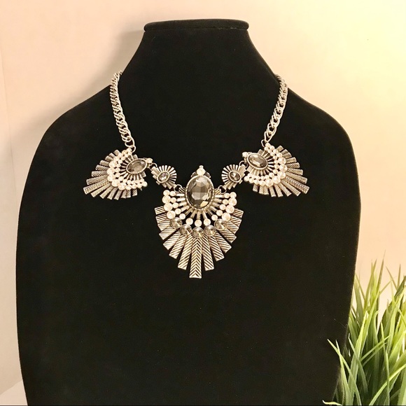 Rhinestone Silver Tone Statement Necklace - Picture 2 of 6